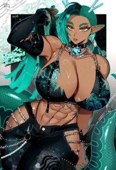 1girl abs absurdres aqua_hair aqua_outline aqua_tail asymmetrical_bangs asymmetrical_hair bachikin_(kingyo155) bare_shoulders black_bra black_pants black_sleeves blue_gemstone body_freckles bra breast_freckles breasts chain cleavage clothing_cutout collar commentary_request commission commissioner_name cowboy_shot crop_top dark-skinned_female dark_skin detached_sleeves dragon_girl dragon_horns dragon_tail earrings frayed_clothes freckles gem gothic_punk hand_up heart heart_earrings heart_pendant highres hip_vent holding holding_own_hair horns huge_breasts jewelry long_hair mallie_(lone_magi) multi-source_commentary navel navel_hair necklace o-ring orange_eyes original outline pants parted_lips pendant_choker pointy_ears ponytail ring_light_reflection sidecut single_detached_sleeve single_sleeve_cuff skeb_commission smile solo spiked_collar spikes stomach tail thank_you toned toned_female undercut underwear