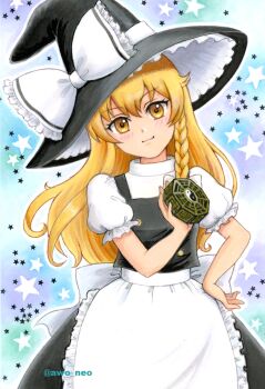 Rule 34 | 1girl, apron, awo neo, back bow, black hat, black skirt, black vest, blonde hair, blush, bow, braid, closed mouth, commentary request, hair bow, hat, hat bow, kirisame marisa, long hair, looking at viewer, mini-hakkero, puffy short sleeves, puffy sleeves, short sleeves, side braid, single braid, skirt, smile, solo, star (symbol), touhou, traditional media, twitter username, very long hair, vest, waist apron, white apron, white bow, witch hat, yellow eyes, yin yang