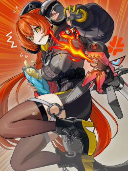 1girl absurdres bag_of_chips beret breasts brown_thighhighs coat commentary_request curled_horns fire gloves green_eyes grey_coat hat high_heels highres horns kstr_890 large_breasts long_hair magus_(zenless_zone_zero) orange_hair orphie_magnusson pointy_ears single_glove thighhighs wavy_mouth zenless_zone_zero