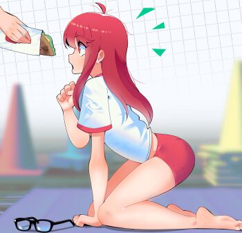 1girl 1other absurdres ahoge bare_legs barefoot blurry blurry_background buruma food from_side full_body gjh glasses grid_background gym_uniform hand_up highres holding kneeling legs long_hair on_ground open_mouth out_of_frame persona persona_5 persona_5_the_royal red_buruma red_eyes red_hair shirt short_sleeves sidelocks soles solo_focus toes traffic_cone unworn_eyewear white_shirt yoshizawa_sumire