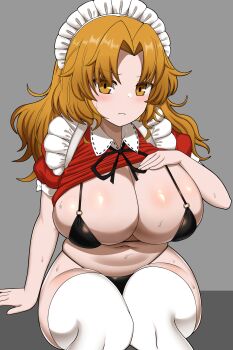 1girl bikini black_bikini black_ribbon blonde_hair breasts clothes_lift collared_shirt commentary curvy dress frills furrowed_brow grey_background highres huge_breasts knees_together_feet_apart large_breasts lifting_own_clothes light_blush light_frown long_hair maid maid_headdress navel neck_ribbon puffy_short_sleeves puffy_sleeves red_dress ribbon ribbon-trimmed_collar ribbon_trim shirt short_sleeves sitting solo sweat swimsuit thick_thighs thighhighs thighs touhou touhou_(pc-98) white_thighhighs wide_hips widow's_peak yellow_eyes yumeko_(touhou) zawapirori