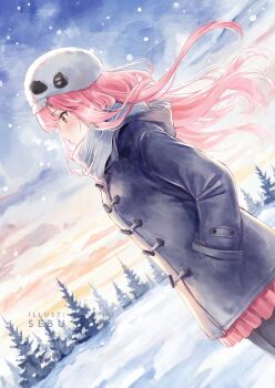 Rule 34 | 1girl, alternate costume, black jacket, black pantyhose, closed mouth, hands in pockets, hat, highres, hololive, hololive english, jacket, long hair, mori calliope, outdoors, pantyhose, pink hair, red eyes, red skirt, sebu illust, skirt, snow, very long hair, virtual youtuber, white hat, winter