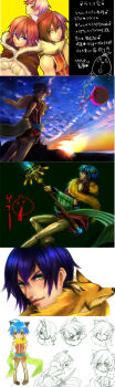 1girl 2boys animal animal_around_neck blacksmith_(ragnarok_online) blue_eyes blue_hair breasts brown_cape brown_hair brown_horns cape chirao_(tirao777) closed_mouth commentary_request compilation cowboy_shot detached_sleeves fox fur-trimmed_cape fur_trim green_eyes green_sleeves high_wizard_(ragnarok_online) highres holding holding_staff horns looking_at_viewer medium_breasts multiple_boys pink_hair poring professor_(ragnarok_online) purple_hair ragnarok_online red_shirt shirt short_hair sleeveless sleeveless_shirt smile staff sunset translation_request upper_body white_shirt yellow_sleeves