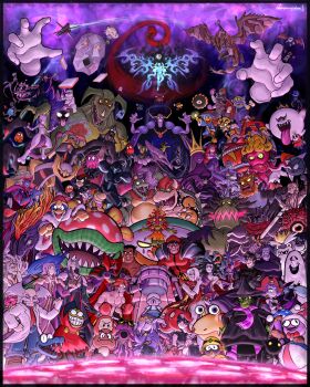 6+boys absurdres aircraft andross animal_crossing banjo-kazooie bayonetta_(series) bear black_knight_(fire_emblem) black_shadow_(f-zero) blinky blinky_(pac-man) boo_(mario) bowser bowser_jr. bulborb cackletta capcom captain_syrup carbon_crash castlevania_(series) claptrap clown clown_boy crash_bandicoot_(series) crazy_hand dark_samus darkrai death_(castlevania) death_(entity) deathborn dig_dug dimentio dj_octavio donkey_kong_(series) dr._eggman dr._mario_(game) dr._wily_(mega_man) dracula dragon everyone f-zero father_balder fawful final_fantasy final_fantasy_vii fire_emblem fly_guy ganondorf gastly gen_1_pokemon gen_4_pokemon ghirahim ghost giratina giratina_(origin) giygas glass_joe glowing goomba grin gruntilda_winkybunion hades_(mythology) highres hot_air_balloon ice_climber inky inky_(pac-man) james_(pokemon) jessie_(pokemon) jester jester_boy jf14-dv kamek kid_icarus kid_icarus_uprising king_boo king_dedede king_k._rool kirby kirby_(series) konami kraid legendary_pokemon liquid_snake lyon_(fire_emblem) m._bison magolor malos_(xenoblade) mario_&amp;_luigi_rpg mario_(series) marx_(kirby) master_core master_hand medusa_(kid_icarus) mega_man_(series) meowth meta_knight metal_sonic metroid metroid_(creature) mewtwo monster_hunter_(series) mother_(series) mother_brain mr_sandman multiple_boys multiple_girls mythical_pokemon namco neo_cortex nightmare_(kirby) nintendo nintendo_wars octoling_player_character octorok pac-man pac-man_(game) paper_mario petey_piranha pikmin_(series) pinky_(pac-man) pokemon pokemon_(creature) polar_bear pooka_(dig_dug) porky_minch primid punch-out!! rathalos rhythm_tengoku ridley risky_boots scorpion sega sephiroth shadow_queen shadow_the_hedgehog shantae_(series) shovel_knight smile smithy sneaky_spirit splatoon_(series) square_enix star_fox street_fighter sturm_(advance_wars) super_mario_bros._1 super_mario_rpg super_paper_mario super_smash_bros. surechigai_densetsu sword tabuu tagme takozonesu tarantula team_rocket the_legend_of_zelda uka_uka vaati viruses_(dr._mario) waddle_dee waluigi wario_land weapon zant
