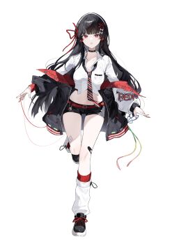 1girl absurdres black_choker black_hair black_jacket black_shorts chisa_(wuthering_waves) choker clothes_down commentary full_body hair_ribbon highres jacket kom376986 long_hair long_sleeves looking_at_viewer nail_polish navel official_alternate_costume open_mouth red_eyes red_nails red_ribbon ribbon shirt short_shorts shorts simple_background solo standing standing_on_one_leg stomach untranslatable_commentary white_background white_shirt wuthering_waves