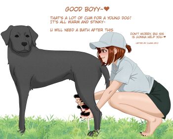 absurdres animal_penis bare_legs barefoot bestiality black_nails blush boku_no_hero_academia cum dog dog_penis english_text feet grass handjob hdreams_art highres kneeling looking_at_another penis reach-around school_uniform short_hair uraraka_ochako