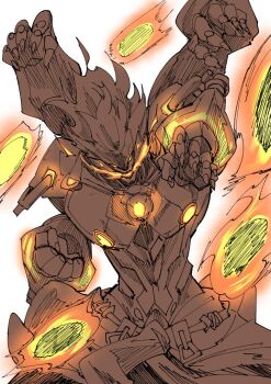 1boy arms_up artificial_eye banyue_(zenless_zone_zero) claws clenched_hand clothed_robot clothes_around_waist commentary_request extra_arms fire floating_ball glowing glowing_eyes glowing_mouth humanoid_robot male_focus mechanical_eye mechanical_hands metal_skin nodachi_(nodati51) orb robot robot_boy simple_background solo white_background zenless_zone_zero