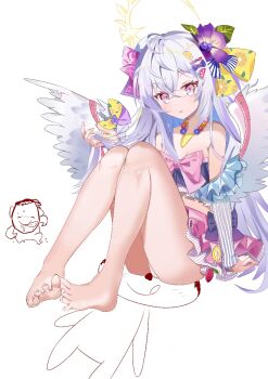 1boy 1girl ahoge azusa_(blue_archive) azusa_(swimsuit)_(blue_archive) bare_legs bare_shoulders barefoot bikini blue_archive blush bow bow_bikini bow_on_wing breasts chinese_commentary cleavage commentary_request crescent_halo crossed_bangs doodle_sensei_(blue_archive) eyelashes feathered_wings feet flower food-themed_hair_ornament food_print frilled_bikini frills fruit_print full_body hair_between_eyes hair_bow hair_flower hair_ornament halo hand_up holding holding_own_hair jpeg_artifacts legs legs_together listjoy long_hair looking_at_viewer low_wings official_alternate_costume orange_hair_ornament orange_print parted_lips pink_bow print_bow purple_bow purple_eyes purple_flower sensei_(blue_archive) sidelocks simple_background small_breasts solo_focus strapless strapless_bikini swimsuit thighs toenails toes tongue tongue_out very_long_hair watermelon_hair_ornament white_background white_hair white_wings wings yellow_bow yellow_halo