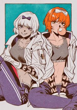 2girls absurdres aqua_background arm_tattoo blowing_bubble_gum body_freckles border bow bra brown_hairband chest_freckles chewing_gum clothes_writing commentary_request freckles gloves grey_bra grey_sports_bra hair_bow hairband highres hood hood_down hoodie ishmael_(project_moon) kira_(project_moon) limbus_company looking_at_viewer middle_(identity)_(project_moon) midriff multiple_girls navel open_clothes open_hoodie orange_eyes orange_hair outside_border oxy_(ho2) pants project_moon purple_bow purple_eyes purple_pants scar scar_on_arm short_hair simple_background sitting sleeves_rolled_up smile sports_bra sportswear tattoo underwear underwear_writing white_border white_bow white_gloves white_hair white_hoodie