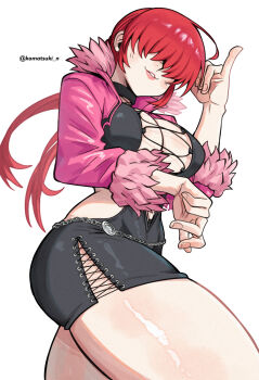 1girl breasts dress female_focus fluffy hand_up heart huge_breasts jacket komatsuki_n large_breasts pale_skin ponytail red_hair shermie_(kof) shiny_clothes shiny_skin skirt smile smiley_face the_king_of_fighters thick_thighs thighs twintails