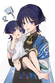 2boys :p aged_down akanbe alternate_universe animal_print arm_around_shoulder artistic_error barefoot bird_print black_bodysuit black_sleeves blue_cape blue_sleeves blunt_ends bodysuit cape carrying child eyelid_pull eyeliner eyeshadow finger_to_eye furisode genshin_impact hand_on_another&#039;s_chest hand_on_another&#039;s_thigh highres indoors japanese_clothes kimono layered_sleeves long_sleeves looking_at_viewer makeup multiple_boys princess_carry purple_eyes purple_hair red_eyeliner red_eyeshadow scaramouche_(genshin_impact) shimianaya shirt short_over_long_sleeves short_sleeves shoulder_peek tassel time_paradox toenails toes tongue tongue_out turtleneck turtleneck_bodysuit wanderer_(genshin_impact) white_background white_shirt white_sleeves white_trim wispy_bangs