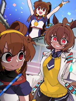 Rule 34 | 2girls, absurdres, agnes tachyon (tach-nology) (umamusume), agnes tachyon (umamusume), ahoge, animal ears, artist name, bongftah, brown hair, character request, commentary, copyright request, crazy smile, hands up, highres, holding, holding test tube, horse ears, horse girl, lab coat, looking at another, looking back, medal, multiple girls, red eyes, short hair, smile, sweater vest, test tube, twintails, umamusume, untranslatable commentary, yellow sweater vest