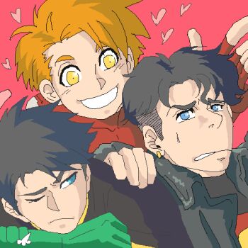 3boys bart_allen black_hair blue_eyes bodysuit brown_hair cape dc_comics earrings fingerless_gloves gloves impulse jacket jewelry kon-el lowres male_focus multiple_boys robin_(dc) simple_background superboy tim_drake yellow_eyes young_justice