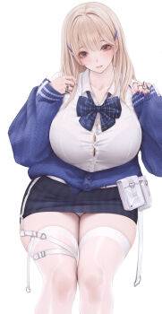 1girl belt belt_buckle belt_pouch black_bra black_skirt blonde_hair blue_bow blue_bowtie blue_nails bow bowtie bra bra_visible_through_clothes breasts brown_eyes buckle button_gap card claw_ring cleavage collarbone collared_shirt commentary earclip earrings feet_out_of_frame fingernails goddess_of_victory:_nikke hair_ornament hairclip hands_up highres huge_breasts jewelry knees_together_feet_apart light_blush light_smile long_hair long_sleeves looking_at_viewer loose_bowtie miniskirt mole mole_under_eye nail_polish ndoon off_shoulder panties pantyshot parted_lips partially_unbuttoned pencil_skirt pouch ring shirt shirt_tucked_in simple_background skirt sleeves_past_wrists solo standing striped_bow striped_bowtie striped_clothes striped_skirt thigh_belt thigh_strap thighhighs tia_(nikke) underwear vertical-striped_clothes vertical-striped_skirt white_background white_belt white_panties white_shirt white_thighhighs