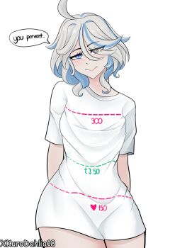 Rule 34 | furina (genshin impact), genshin impact, highres, kurodahlia18, shirt, shy, t-shirt, thick thighs, thighs, twitter strip game, white hair
