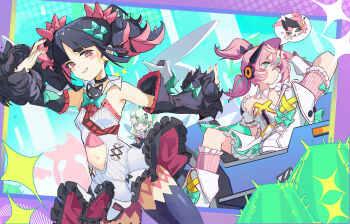 Rule 34 | 3girls, aqua eyes, aqua hair, aria (zenless zone zero), black hair, breasts, cactus, chinese commentary, clothing cutout, commentary request, detached sleeves, diamond (shape), green eyes, green hair, headphones, highres, jingguagua, multicolored hair, multiple girls, nail polish, nangong yu, navel, navel cutout, pink hair, pink nails, red eyes, smile, sunna (zenless zone zero), thighhighs, twintails, wings, zenless zone zero