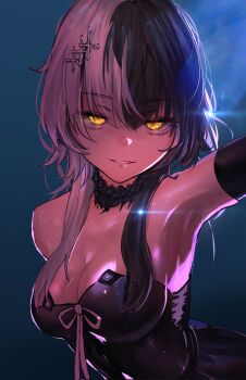 Rule 34 | 1girl, advarcher, arm up, armpits, bare shoulders, black choker, black dress, black hair, breasts, choker, cleavage, dress, glowing, glowing eyes, hair ornament, hand up, highres, hololive, hololive english, lace, lace choker, large breasts, long hair, looking at viewer, multicolored hair, parted lips, shiori novella, shiori novella (1st costume), solo, split-color hair, strapless, strapless dress, two-tone hair, upper body, variant set, virtual youtuber, white hair, yellow eyes