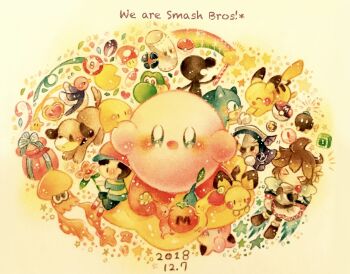 >_< 2boys black_hair blue_pikmin bob-omb brown_hair commentary_request dated dog_(duck_hunt) duck_(duck_hunt) duck_hunt full_body game_&amp;_watch gen_1_pokemon gen_2_pokemon heart_container highres inkling inkling_(swim_form) inkling_player_character jigglypuff kid_icarus kirby kirby_(series) luma_(mario) mario_(series) master_ball mother_(series) mother_2 mr._game_&amp;_watch multiple_boys ness_(mother_2) nintendo pac-man pac-man_(game) painting_(medium) pichu pikachu pit_(kid_icarus) pitfall_seed poke_ball pokemon pokemon_(creature) red_pikmin sandbag_(smash_bros) screw_attack_(metroid) shirt sonic_(series) sonic_the_hedgehog splatoon_(series) star_(symbol) star_rod striped_clothes striped_shirt super_mushroom super_smash_bros. traditional_media watercolor_(medium) yellow_pikmin yoshi yukichi_0611