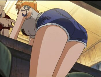 1boy 1girl 2003 animated animated_gif anime_screenshot ass ass_focus bar_(place) bartender denim denim_shorts grey_shirt looking_at_another nami_(one_piece) one_piece one_piece:_dead_end_adventure orange_hair shirt short_hair short_shorts shorts shoulder_tattoo sleeveless sleeveless_shirt tattoo thighs
