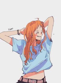1girl alternate_costume arms_behind_head arms_up bangle belt belt_buckle blue_shirt blush bracelet buckle casual character_name closed_eyes commentary_request facing_to_the_side grey_background hebi_d_hebi highres jewelry long_hair midriff_peek nami_(one_piece) navel one_piece orange_hair parted_lips shirt short_sleeves sidelocks simple_background smile solo upper_body wavy_hair