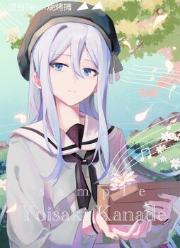 Rule 34 | 1girl, artist name, black hat, black neckerchief, blue eyes, blue hair, bow, box, character name, chinese text, closed mouth, double-parted bangs, flower, grass, grey bow, grey nails, grey shirt, hair between eyes, hands up, hashtag-only commentary, hat, hat bow, highres, holding, holding box, long hair, long sleeves, looking at viewer, lotus, musical staff, nail polish, neckerchief, pink flower, project sekai, puffy long sleeves, puffy sleeves, rock, sailor collar, sample watermark, school uniform, shai61384166010, shirt, sidelocks, single hair intake, smile, solo, straight hair, translation request, tree, upper body, water, watermark, white flower, white petals, white sailor collar, yoisaki kanade