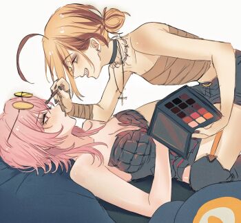 2girls ahoge bare_shoulders black_choker black_eyeshadow black_shorts blush breasts brown_hair brown_streaks brown_tube_top choker cleavage commentary cross cross_necklace earrings eyeshadow eyewear_on_head gigi_murin grin hair_bun happy_(yppah1060) highres holding_makeup_palette hololive hololive_english jewelry lesbians_doing_makeup_(meme) long_hair looking_at_another makeup medium_breasts meme mori_calliope multicolored_hair multiple_girls necklace parted_lips pink_eyes pink_hair sharp_teeth shorts smile straddling strapless streaked_hair stud_earrings sunglasses teeth tube_top untranslatable_commentary virtual_youtuber yuri