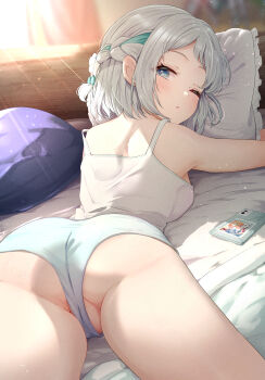 1girl ;o absurdres aqua_panties ass bed_sheet blue_eyes blue_ribbon blush braid breasts cameltoe camisole cellphone commentary_request film_grain gakuen_idolmaster grey_hair hair_ribbon half_up_braid highres idolmaster katsuragi_lilja looking_at_viewer lying medium_breasts on_stomach one_eye_closed panties partially_visible_vulva phone photo_(object) pillow ribbon ribbon_braid shiun_sumika short_hair sky_cappuccino solo thighs underwear white_camisole
