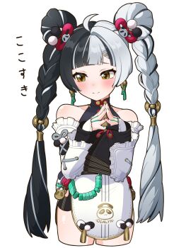 Rule 34 | 1girl, bare shoulders, benis zzz, black hair, blush, braid, commentary, detached sleeves, dialyn (zenless zone zero), dress, highres, multicolored hair, smile, solo, split-color hair, symbol-only commentary, twin braids, white dress, white hair, yellow eyes, zenless zone zero