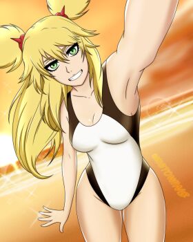 1girl armpits blonde_hair breasts burn_the_witch camera_view collarbone competition_swimsuit green_eyes highres medium_breasts mistowing ninny_spangcole one-piece_swimsuit open_mouth smile solo swimsuit thighs witch