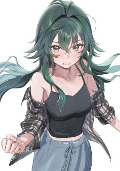1girl absurdres bare_shoulders black_shirt blush breasts embarrassed gakuen_idolmaster green_eyes green_hair grey_pants highres idolmaster long_hair long_sleeves looking_at_viewer medium_breasts off_shoulder open_clothes open_mouth pants plaid_clothes plaid_shirt shirt simple_background sleeveless sleeveless_shirt solo tsukimura_temari uouokuma white_background