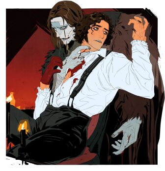 Rule 34 | 2boys, black pants, blood, blood on chest, blood on hands, blood on mouth, border, brown eyes, brown hair, candle, chair, coat, collared shirt, colored skin, cowboy shot, curly hair, frankenstein, frankenstein's monster, fur coat, gloves, grey skin, highres, jasonev11778442, long hair, looking at another, male focus, multiple boys, on chair, open mouth, pants, red background, red gloves, shirt, short hair, sideburns, single glove, sitting, suspenders, veins, veiny hands, victor frankenstein, white border, white eyes, white shirt, yaoi