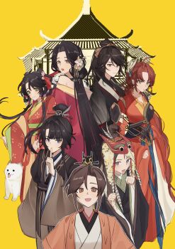 Rule 34 | 6+girls, absurdres, antenna hair, asymmetrical bangs, bare shoulders, bird mask, black hair, black hanfu, blue eyes, brown eyes, character request, chinese clothes, chinese commentary, closed mouth, code: kite, commentary request, curtained hair, dog, double bun, expressionless, feather hair ornament, feathers, finger to mouth, flower, folded fan, folding fan, green eyes, guanglingwang, hair bun, hair flower, hair ornament, hair ribbon, hair stick, hair tubes, hand fan, hanfu, highres, holding, holding fan, kuailemaoamaomao^o^, lipstick, long hair, long sidelocks, long sleeves, looking at viewer, makeup, mask, mask on head, multiple girls, obi, parted lips, paw pose, pink flower, pout, red hair, red hanfu, red lips, ribbon, sash, short hair, shushing, sidelocks, single hair bun, sleeves past wrists, smile, updo, very long hair, wide sleeves, yellow background