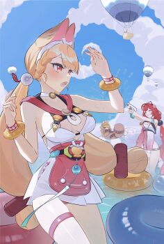 1boy 3girls absurdres aircraft alice_thymefield alice_thymefield_(sea_of_thyme) animal_ears belle_(summer_skies)_(zenless_zone_zero) belle_(zenless_zone_zero) blue_sky braid breasts cleavage cloud croya_(20210221) heterochromia highres holding holding_water_gun hot_air_balloon long_hair low_twin_braids low_twintails medium_breasts multiple_girls official_alternate_costume one-piece_swimsuit open_mouth rabbit_ears rabbit_girl red_eyes sky swimsuit thigh_strap twin_braids twintails ukinami_yuzuha ukinami_yuzuha_(tanuki_in_broad_daylight) very_long_hair water_gun white_one-piece_swimsuit wise_(peaceful_waves)_(zenless_zone_zero) wise_(zenless_zone_zero) yellow_eyes zenless_zone_zero