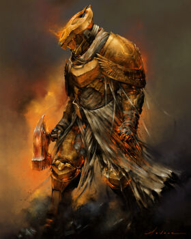 1boy absurdres armor brianmoncus clenched_hand destiny_(game) fire flaming_weapon hammer helmet highres holding holding_hammer legs_apart looking_to_the_side ribbon signature solo titan_(destiny) weapon white_ribbon