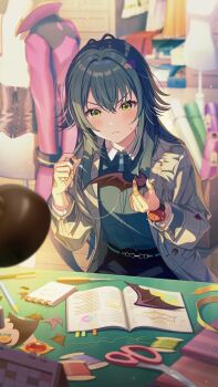 1girl bat_wings belt book buttons frown gakuen_idolmaster game_cg green_eyes green_hair highres idolmaster official_art open_book pen pencil scissors sewing solo table tsukimura_temari unworn_clothes wings