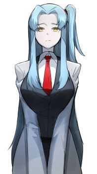 1girl angela_(project_moon) black_pants black_suit blue_hair breasts coat collared_shirt curtained_hair eyes_visible_through_hair formal_clothes hair_over_eyes half-closed_eyes hashtag-only_commentary helseujang highres lab_coat lapels large_breasts lobotomy_corporation long_hair long_sidelocks looking_at_viewer necktie notched_lapels pants project_moon red_necktie shirt sidelocks solo suit upper_body white_background white_coat white_shirt yellow_eyes
