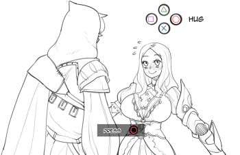 1boy 1girl assassin's_creed_(series) assassin's_creed_ii blush breasts commentary english_commentary ezio_auditore_da_firenze fate/grand_order fate_(series) flying_sweatdrops gameplay_mechanics height_difference hood imminent_hug large_breasts leonardo_da_vinci_(fate) long_hair minkye monochrome parody quick_time_event scene_reference