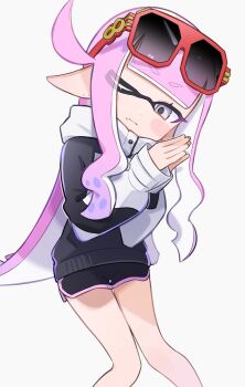 1girl black_jacket black_shirt black_shorts blunt_bangs blush_stickers closed_mouth cropped_jacket eyewear_on_head grey_eyes highres inkling inkling_girl inkling_player_character jacket long_hair long_sleeves nintendo one_eye_closed palms_together pink_hair pointy_ears psya_ma shirt shorts sidelocks simple_background smile solo splatoon_(series) standing sunglasses tentacle_hair very_long_hair white_background