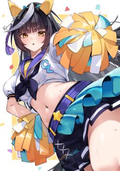 1girl animal_ears belt black_hair black_neckerchief black_skirt blunt_bangs blush breasts calstone_light_o_(umamusume) commentary_request crop_top ear_covers genkai_made_pom_pon!! hand_on_own_hip highres holding holding_pom_poms horse_ears horse_girl horse_tail layered_skirt long_hair looking_at_viewer medium_breasts midriff mono_(mo_n_mno) navel neckerchief official_alternate_costume open_mouth pom_pom_(cheerleading) pom_poms puffy_short_sleeves puffy_sleeves purple_belt shirt short_sleeves simple_background skirt solo stomach tail thighs umamusume white_background white_hair white_shirt white_streaks