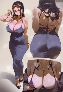 1girl ai-assisted ass back black_hair blue_eyes breasts cleavage curvy dongtan_dress dress earrings eyewear_on_head full_body grabbing_own_breast high_heels highres huge_breasts jewelry long_hair multiple_views necklace nico_robin no_bra one_piece pencil_dress shexyo solo sunglasses sweat
