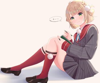 1girl absurdres ahoge black_shoes blonde_hair blue_ribbon blunt_bangs braid buttons closed_mouth collared_shirt double-breasted drawing_(action) dress_shirt from_side green_eyes grey_jacket grey_skirt hair_ornament hair_rings highres holding holding_notebook holding_pencil indie_virtual_youtuber invisible_floor jacket karasu_mame kneehighs knees_up legwear_garter light_blush loafers long_sleeves miniskirt neck_ribbon no_headwear notebook pencil pink_background pinstripe_jacket pinstripe_pattern pinstripe_skirt pleated_skirt pom_pom_(clothes) pom_pom_hair_ornament red_sailor_collar red_socks ribbon sailor_collar school_uniform shadow shigure_ui_(vtuber) shigure_ui_(vtuber)_(1st_costume) shirt shoes short_hair side_braid side_part side_up_ring simple_background sitting skirt sleeve_cuffs smile socks solo upskirt virtual_youtuber white_shirt winter_uniform