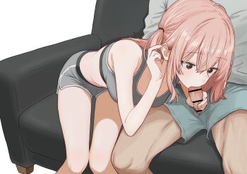 1boy 1girl absurdres black_eyes buruma collarbone couch grey_sports_bra hair_between_eyes highres inui_sajuna long_hair on_couch oral penis pink_hair ponpokotanutan1 shirt side_ponytail simple_background sono_bisque_doll_wa_koi_wo_suru sports_bra tucking_hair white_background white_shirt