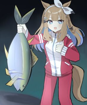 +_+ 1girl almond_eye_(umamusume) animal_ears blue_eyes blush bow bow_hairband braid braided_sidelocks breasts brown_hair colored_inner_hair cr259s fish hair_between_eyes hair_ornament hairband hairclip highres holding horse_ears horse_girl horse_tail jacket long_hair looking_at_viewer multicolored_hair open_mouth pants red_jacket red_pants red_track_suit smile solo symbol-shaped_pupils tail thumbs_up tracen_training_uniform track_jacket track_pants track_suit tuna umamusume white_hairband x-shaped_pupils