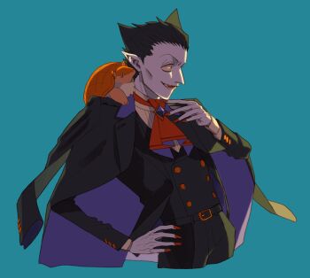 Rule 34 | 1boy, animal, animal on shoulder, black cape, black hair, black jacket, black pants, blue background, cape, cheekbones, commentary request, cropped legs, draluc (kyuuketsuki sugu shinu), jacket, john (kyuuketsuki sugu shinu), kyuuketsuki sugu shinu, long sleeves, male focus, open mouth, pants, pointy ears, red nails, short hair, simple background, solo, tnaym, vampire