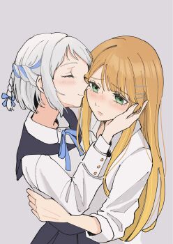 2girls black_skirt blue_ribbon braid closed_eyes closed_mouth commentary_request gakuen_idolmaster green_eyes hair_ribbon half_up_braid hand_on_another&#039;s_face highres idolmaster katsuragi_lilja kotsume_kws3 long_hair multiple_girls neck_ribbon orange_hair purple_background ribbon shirt shiun_sumika short_hair simple_background skirt sleeves_rolled_up white_hair white_shirt yuri