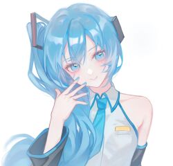 Rule 34 | 1girl, black sleeves, blue eyes, blue hair, blue nails, blue necktie, closed mouth, collared shirt, commentary request, detached sleeves, grey shirt, hand up, hatsune miku, hatsune miku (noodle stopper), highres, long hair, looking at viewer, meme, necktie, shirt, side ponytail, sidetail miku noodle stopper (meme), simple background, single bare shoulder, sleeveless, sleeveless shirt, smile, solo, upper body, very long hair, vocaloid, white background, yutsuki (pixiv4894196)