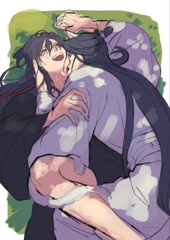 2boys actcat3 animal_ears bare_legs black_hair black_hanfu blush cat_boy cat_ears cat_tail chinese_clothes couple dappled_sunlight fangs grass hair_down hair_ribbon half_updo hand_in_another&#039;s_hair hand_on_another&#039;s_arm hanfu highres holding_hands interlocked_fingers lan_wangji leg_lock licking licking_another&#039;s_neck long_hair long_sleeves looking_at_another lying lying_on_person male_focus modao_zushi multiple_boys official_alternate_hairstyle on_back on_grass on_side on_stomach open_mouth outdoors purple_eyes red_ribbon ribbon robe smile spread_legs sunlight sweat tail tongue tongue_out topknot very_long_hair wei_wuxian wei_wuxian_(yiling_laozu) white_hanfu wide_sleeves xiao_guan_(headdress) yaoi yellow_eyes