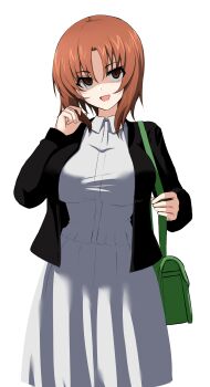 1girl absurdres aikir_(jml5160) bag black_jacket breasts brown_eyes brown_hair collared_dress commentary dress empty_eyes evil_smile eyes_visible_through_hair gesugao girls_und_panzer green_bag hand_up head_tilt highres holding_strap jacket large_breasts long_bangs long_sleeves looking_at_viewer medium_hair nishizumi_miho open_mouth parted_bangs partially_shaded_face playing_with_own_hair shoulder_bag shoulder_strap simple_background smile solo upper_body white_background white_dress