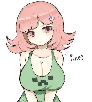 1girl bare_shoulders blunt_bangs breasts brown_hair cleavage collarbone creeper danganronpa_(series) danganronpa_2:_goodbye_despair english_text frown grey_background hair_ornament highres large_breasts m3link medium_hair minecraft mole mole_on_breast nanami_chiaki pink_eyes shirt simple_background solo