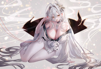 1girl absurdres age_fx ahoge arm_support azur_lane bare_shoulders between_breasts breasts cleavage collarbone commentary_request earrings feet from_side grey_background hair_between_eyes hair_intakes hair_ornament hair_spread_out hakuhou_(azur_lane) hand_up head_tilt highres holding huge_ahoge japanese_clothes jewelry kimono large_breasts legs lens_flare light_particles long_hair long_hair_between_eyes long_sleeves looking_at_viewer mask mask_on_head obi off_shoulder on_ground open_mouth pantyhose partial_commentary pelvic_curtain print_kimono sash sitting solo string tassel tassel_earrings thighs toes very_long_hair white_kimono white_pantyhose wide_sleeves wind yellow_eyes yokozuwari